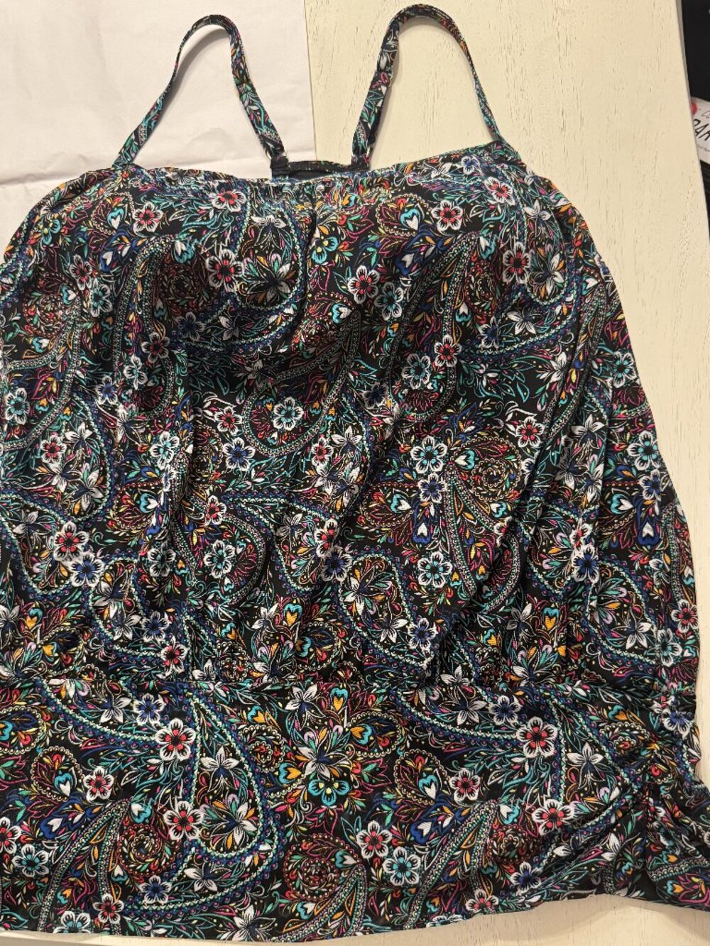 A Shore Fit Tankini Top, Plus size, black floral/ paisley swim top mesh overlay